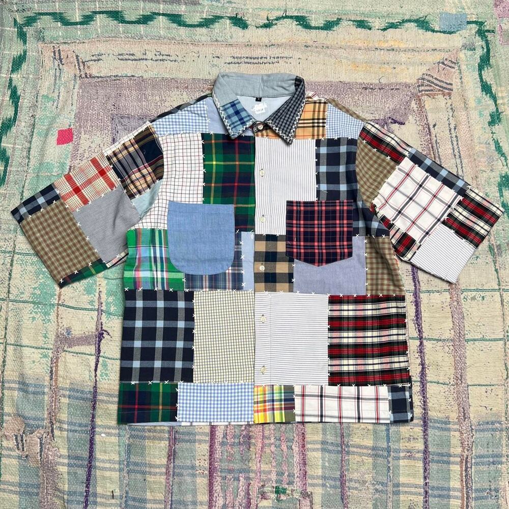 Custom Upcycled Patchwork shirt with sashiko hand stitching Small